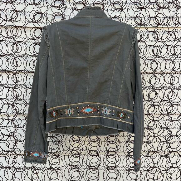 Miss Me Aztec Southwestern Stud Olive Canvas Military Jacket Ruffles LARGE - Picture 2 of 12
